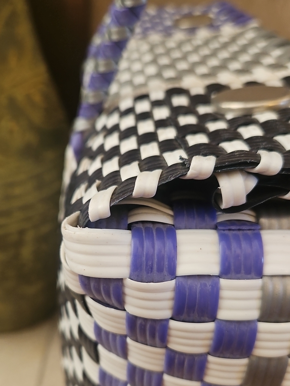 Woven Checker Tote Bag in Blue, Gray & Black - Picture 5 of 16